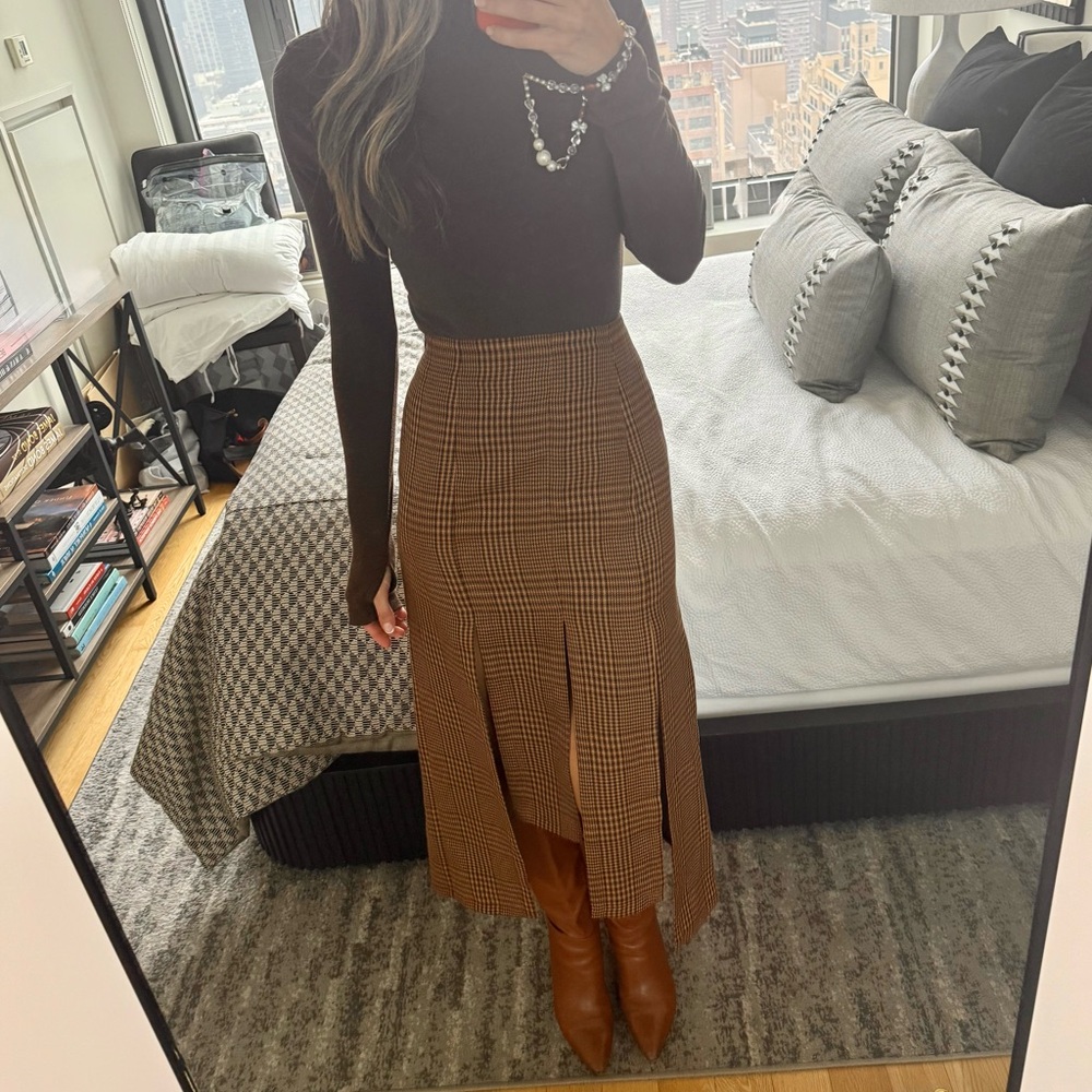 Maje Brown Plaid Midi Skirt